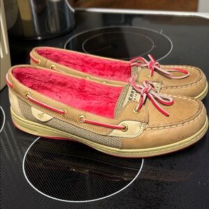 Sperry Tan Moccasins with Pink Lining